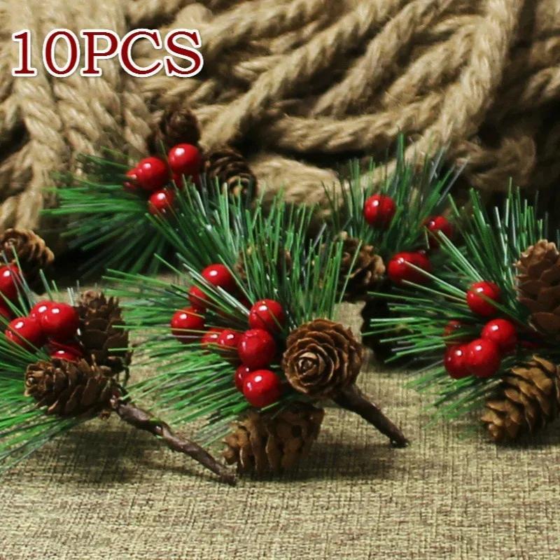 10PCS Artificial Flower Red Christmas Berry Pine Cone Holly Branches Decoration for Home Floral Decor Crafts