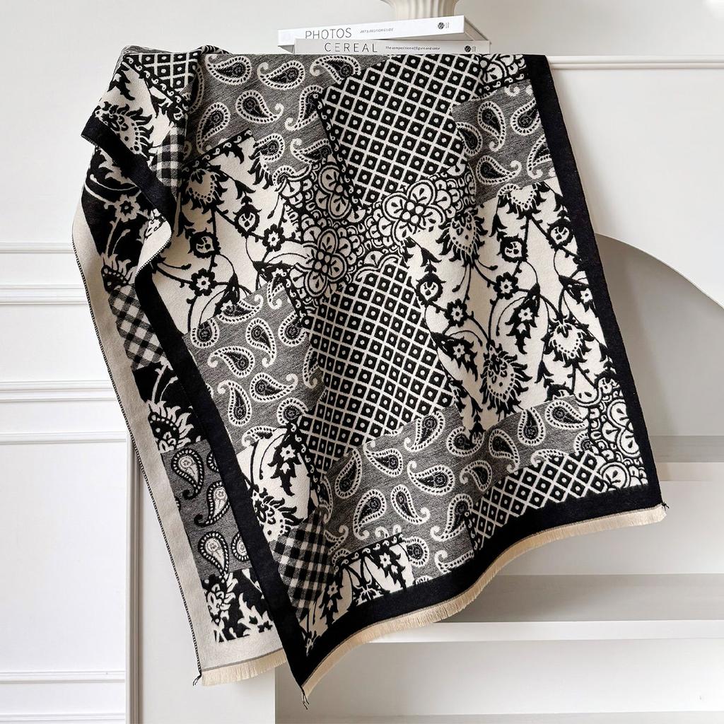 Autumn And Winter Imitation Cashmere Scarf Thickened And Lengthened Flower Scarf Retro Ethnic Style Shawl Dual-Purpose Outer Cover