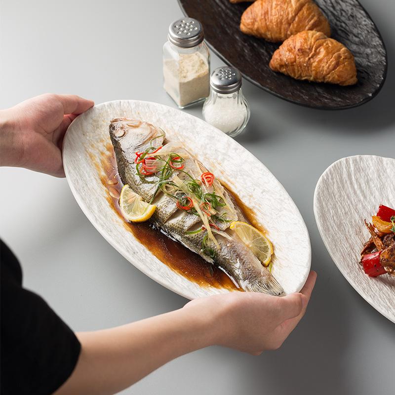 Creative Japanese Stone Pattern Fish Plate High-Value Ceramic Plate New Household Steamed Fish Plate Oval Vegetable Plate