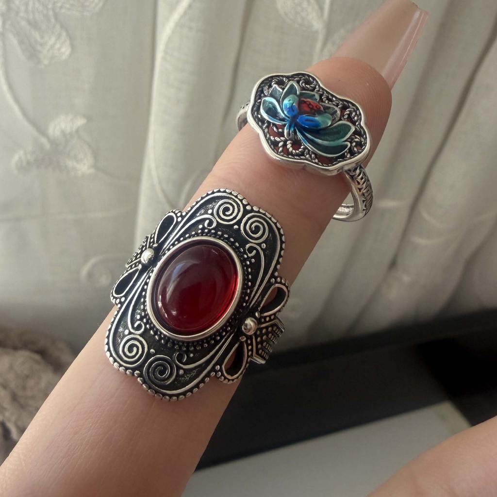 925 Sterling Silver Rings for Women Couple Minimalist Handmade Retro Red Big Stone Ring Fine Jewelry Gift Prevent Allergy