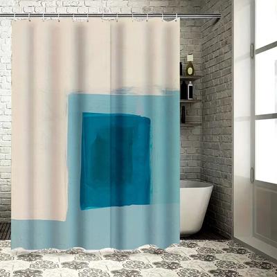 Blue and White Artistic Shower Curtain Set Watercolor Square Design for Bathroom Decor Waterproof Fabric with Hook Rin