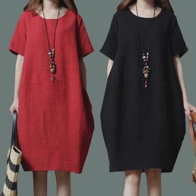Lässiges Sommerkleid für Damen in Übergröße – einfarbig, Baumwolle und Leinen, kurze Ärmel