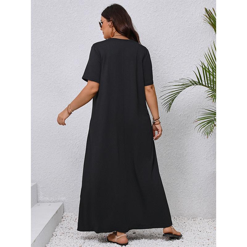 Summer Plus Size V Neck Slim Fit Long Dress Elegant Black Loose Dress For Women Fashion Comfortable Versatile Dress