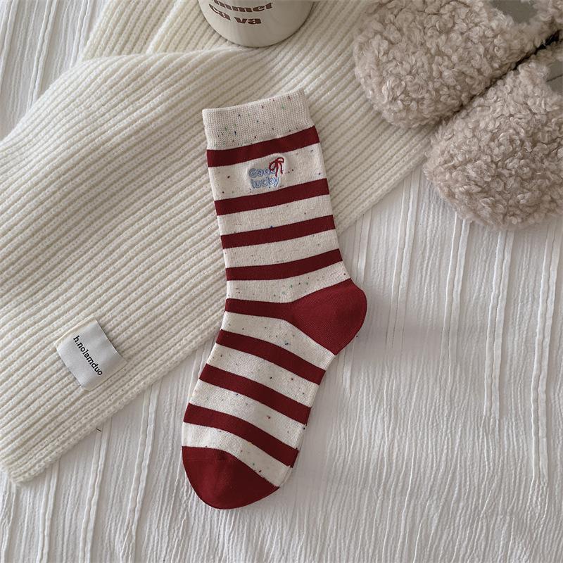 Red Socks, Women's Socks, Bow, Striped Mid-calf Socks, Big Red Socks, New Year Socks, Boneless Combed Cotton Socks