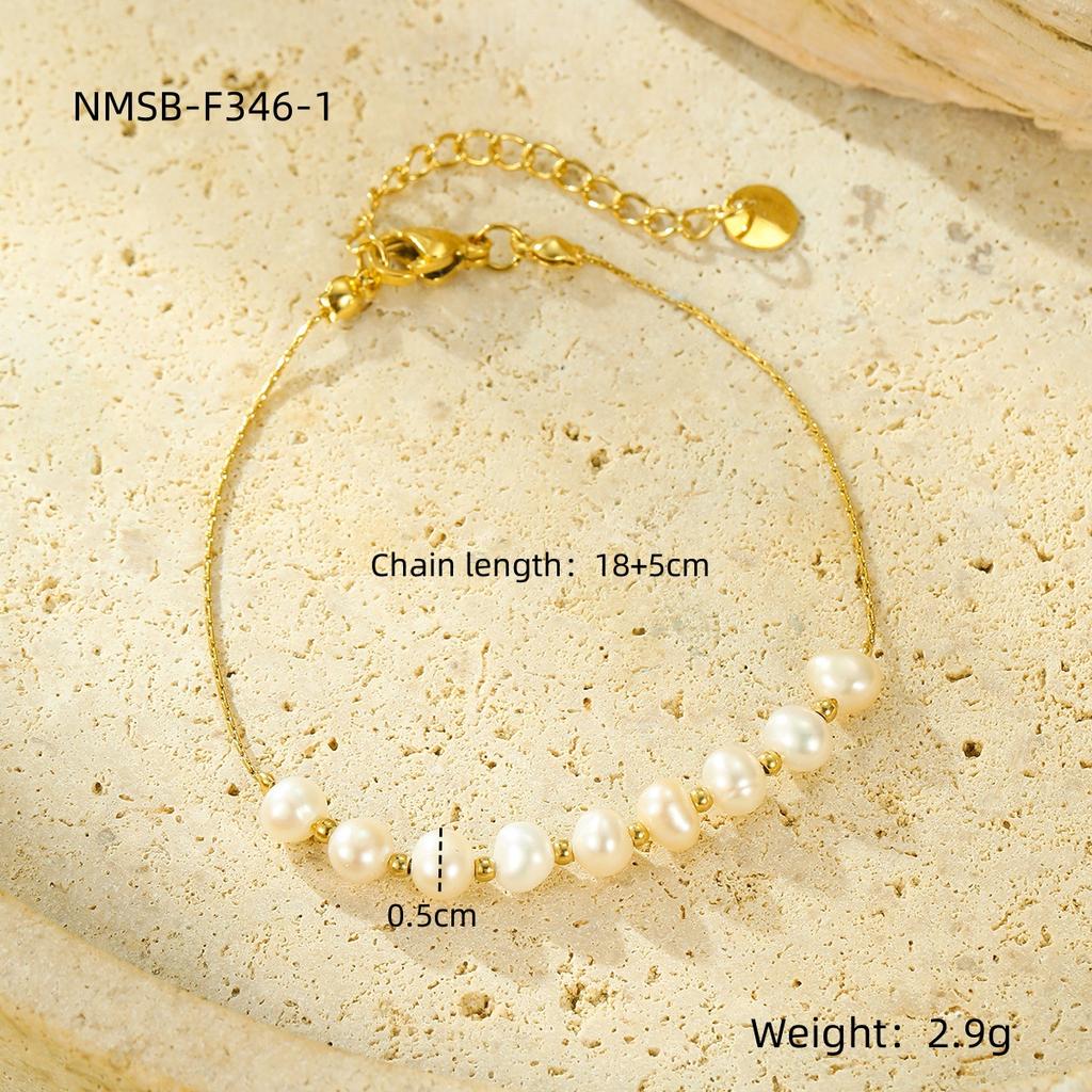GEMCHIC Women's 18K Gold Plated Stainless Steel Natural Stone Freshwater Pearl Design Geometric Handmade Bracelet