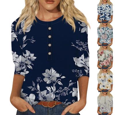 Women's Fashion Casual 3/4 Sleeve Floral Button Printed Round Neck Pullover Top Casual Clothing
