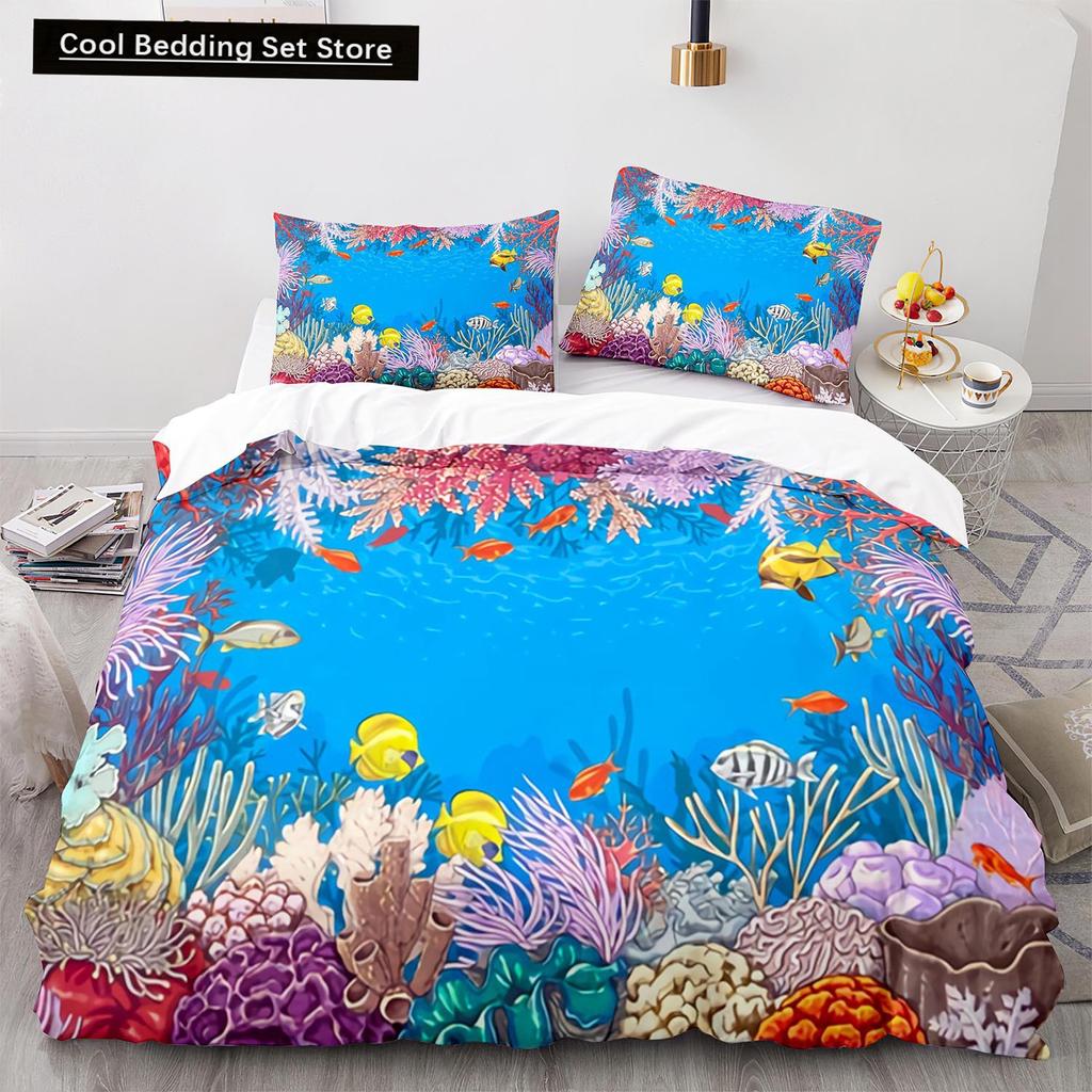 Underwater World King Queen Duvet Cover Cartoon Ocean Animal Bedding Set for Kids Fish Coral Sea Life Soft Polyester Quilt Cover