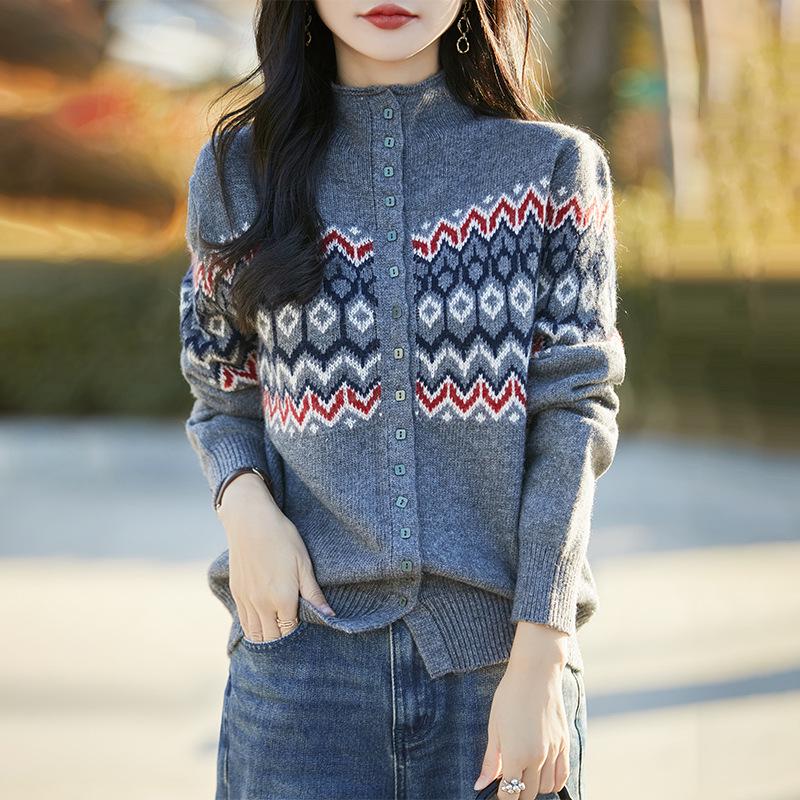 Chic Textured Color Block Jacquard Sweater: Women's Semi-High Neck Loose Knit Cardigan for Spring & Autumn