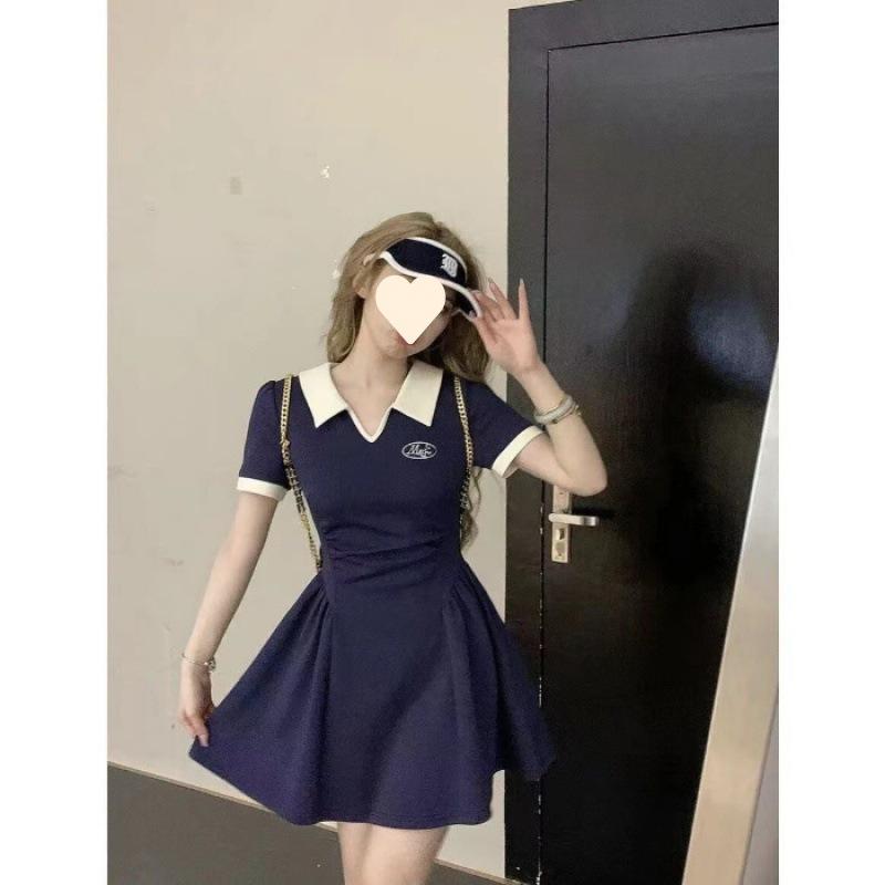 

Contrasting color polo collar dress women s summer retro pleated short waist and thin big swing dress 5xl recommended 90-100kg