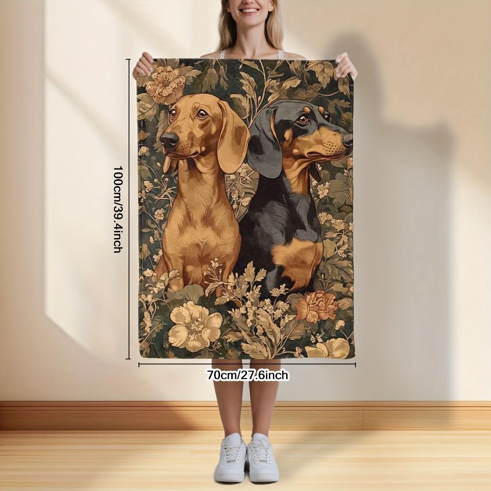 Vintage Dachshund Dogs Floral Frame Throw Blanket - Botanical Fantasy Pattern Cozy Soft Accent for Bed Sofa Office Holiday Gift