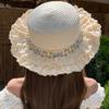 Sun Protection Straw Sun Hat with Lace Trim Beach Sunshade Hat Sweet Lace Ribbon Bucket Hat Summer