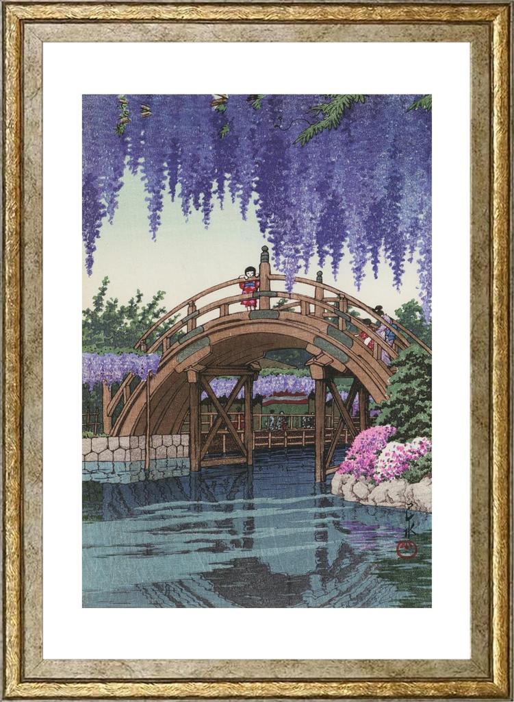 Poster by Kawase Hasui (Wisteria At Kameido) A4 Size Tabletop/Wall Hanging Interior/Wallpaper Painting Art Poster Gold Frame