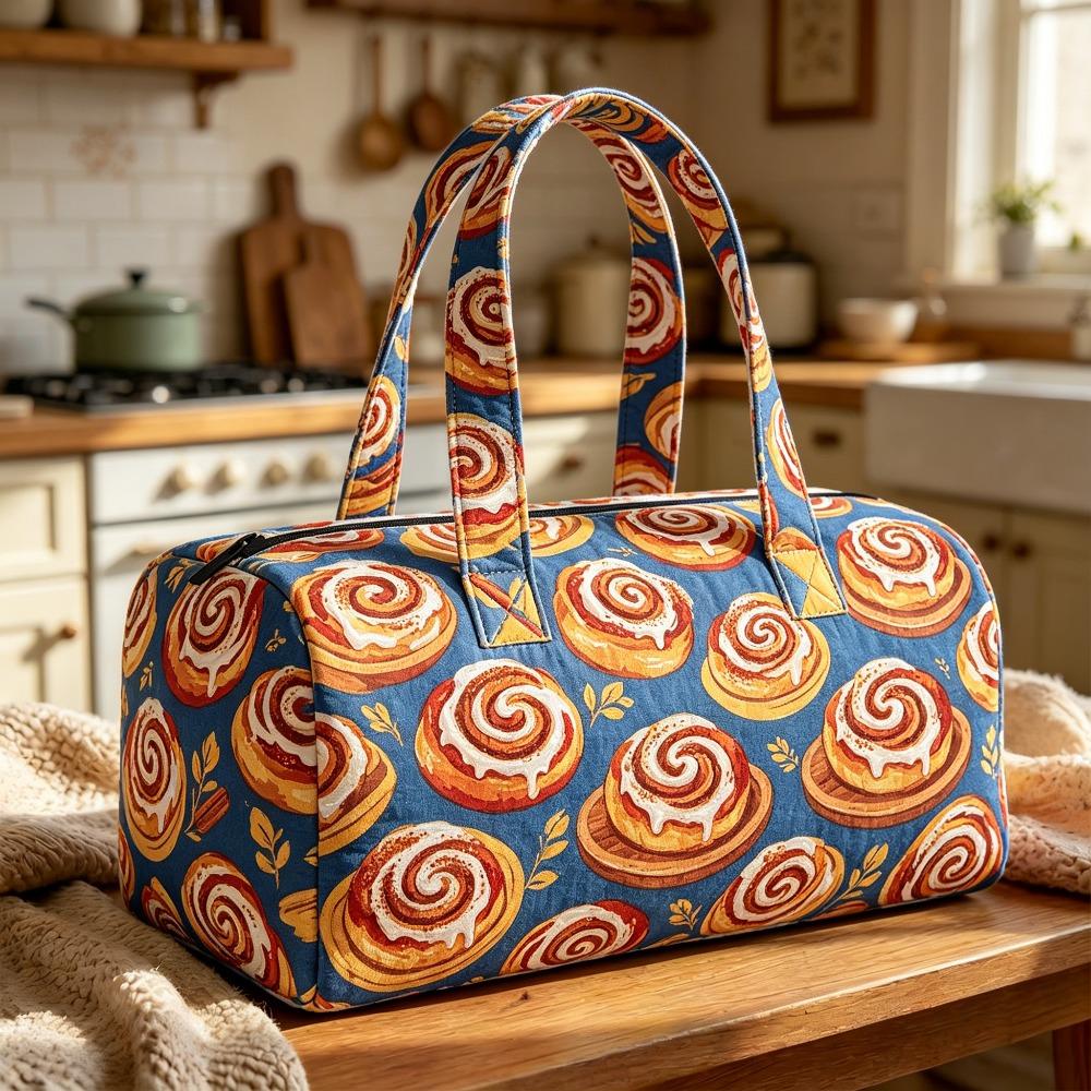Quilted Travel Handbag Bold Cinnamon Roll Print Weekend Bag Bohemian Leisure Travel Fitness Vibrant Iced Cinnamon Roll Graphic on Navy Blue Background 16''x8''x8''