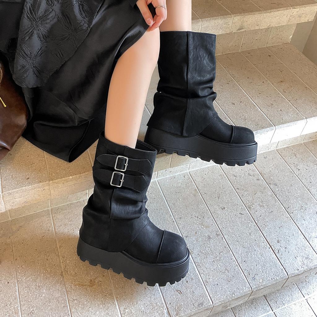 Buty podwyższające Spice Girls Styl Pustynny Krótkie Kozaki Wiosna i Jesień Nowe Buty z Szeroką Cholewką Damskie Kozaki w Kolorze Maillard