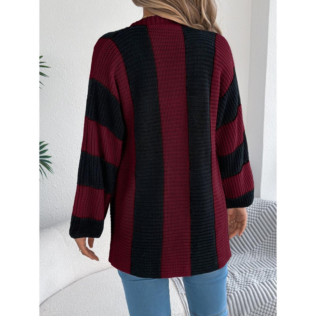 QICED Autumn and Winter Color-blocking Striped Flared Sleeve Cardigan Sweater Mid-length Coat Women's Wear