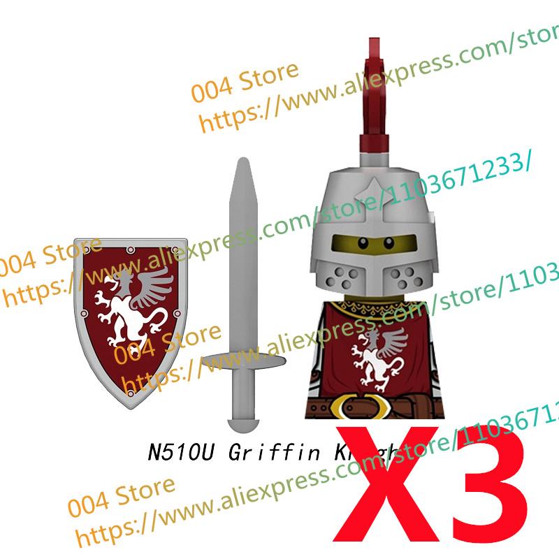 N511U-518U N335-337 Mittelalterliche Burg Ritter Bausteine Figuren Vierseitiger UV-Druck Waffen Zubehör Spielzeug Kindergeschenke F030