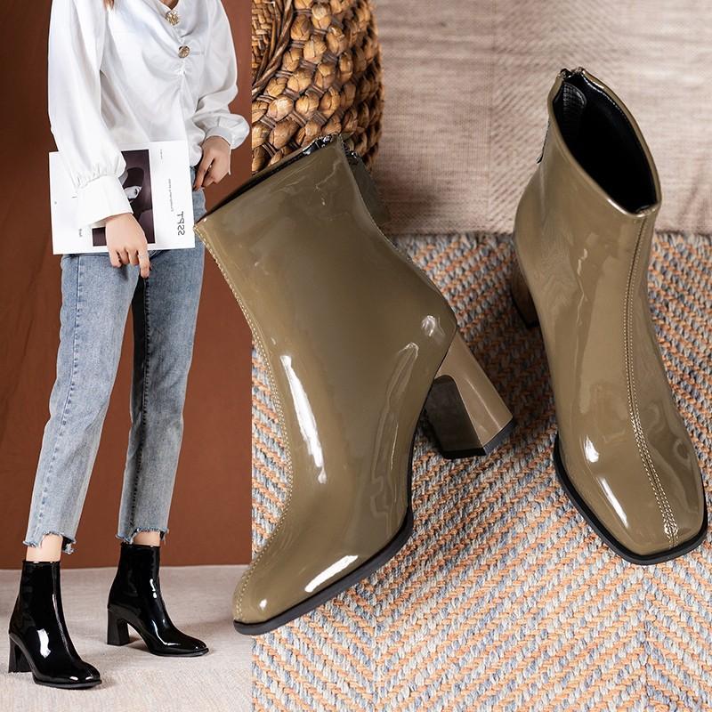 Women's High Heelded Boots Quality Patent Leather Short Boot Fashion Casual Ankle Boots for Women Square Toe Design Women Boots