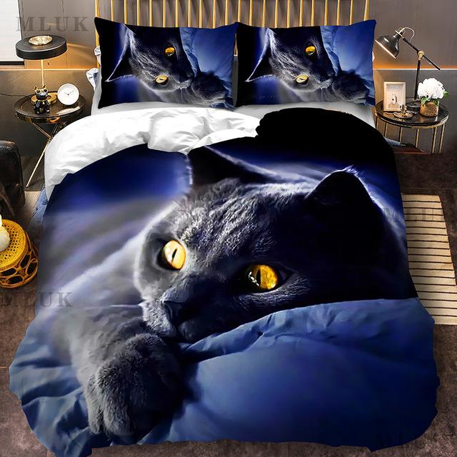 3D Cat Bedding Set for Girls Boys Cute Colorful Cat Pattern Bedspread 3 Piece Bold Color Black Animal Duvet Cover Set