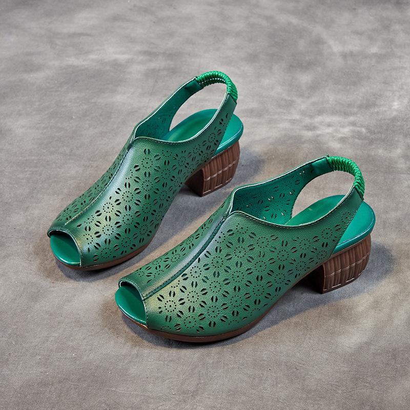 

Johnature Женская обувь из натуральной кожи в стиле ретро, с открытым носком, перфорированная, дышащая, сандалии на толстом каблуке 39 зелёный