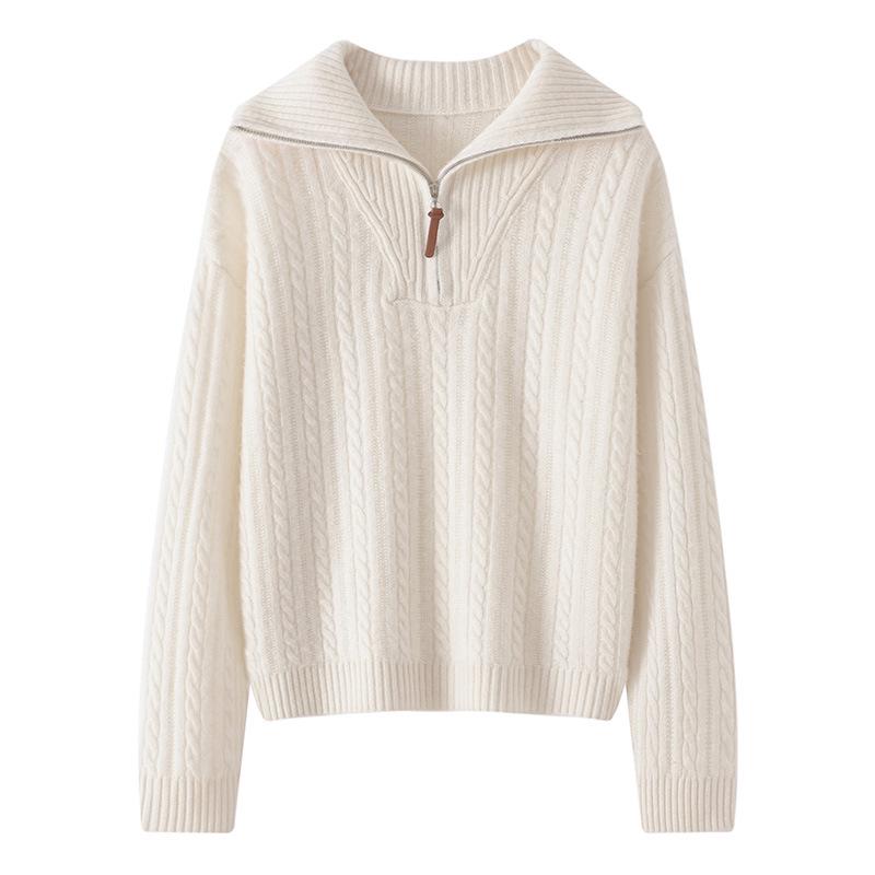 Women's Half-Zip Lapel Cable Knit Cashmere Sweater - Autumn/Winter 2026, Thick & Loose Fit.