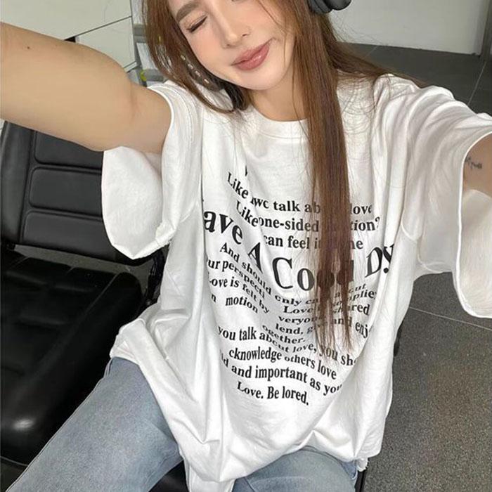 Ladies Summer Short Sleeve Round Collar Casual Letter Printed Teenager Pullover Oversize Cotton T Shirt Top