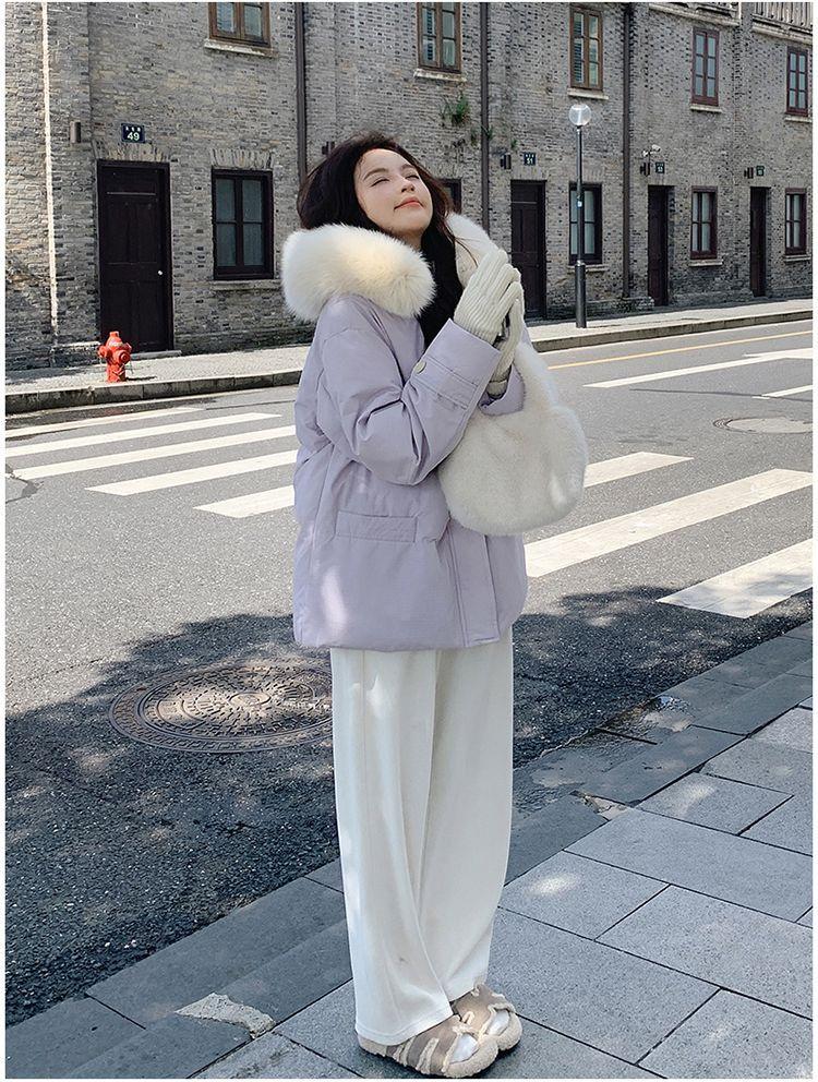 Women's Autumn and Winter Coat Solid Color Horn Button Hooded Fur Collar Loose Thickened Windproof Women's Jacket