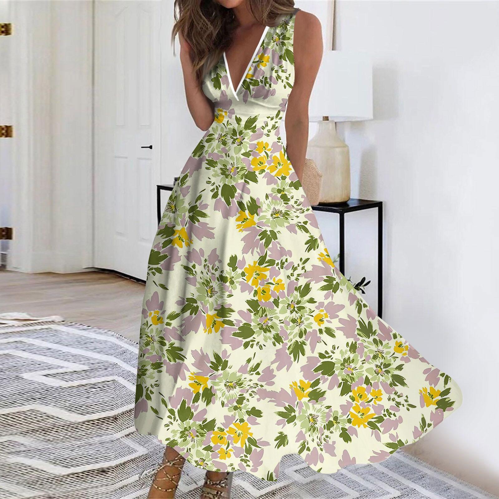 

Женская мода лето маленький цветочный V-образный вырез без рукавов туника повседневные платья XL жёлтый