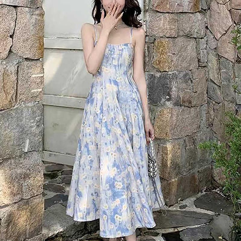 Dámské francouzské květinové modré letní šaty na špagetová ramínka: Elegantní styl Long Beach