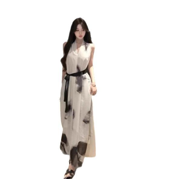 New Chinese Temperament V-neck Ink Painting Sleeveless Dress Summer New Thin Medium and Long Skirt Women's Clothing