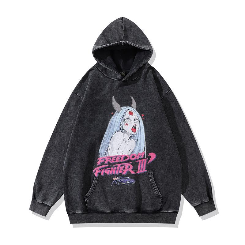 Japanese Animation Printed Hoodie Retro Washed Old Loose Heavy Hooded Sweater Jacket Men And Women