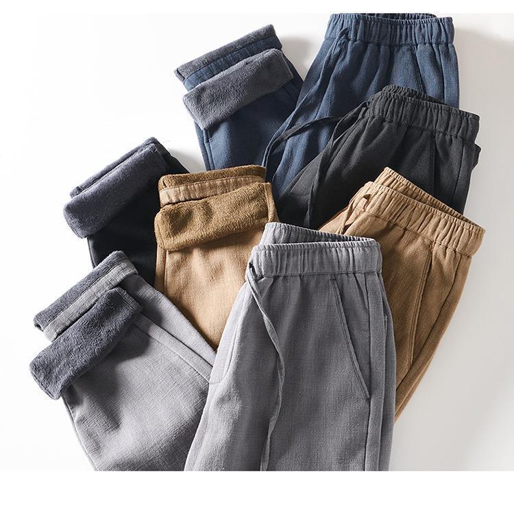 L8234 Men's Retro Loose Straight-Leg Cotton Pants - Warm Fleece-Lined, Drawstring, Long Fit