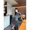 French high-end tie-dye mesh long-sleeved dress for women's spring and autumn new temperament waist and thin hip-wrapped long skirt