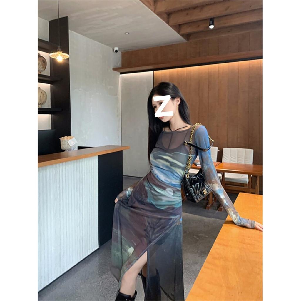 French high-end tie-dye mesh long-sleeved dress for women's spring and autumn new temperament waist and thin hip-wrapped long skirt