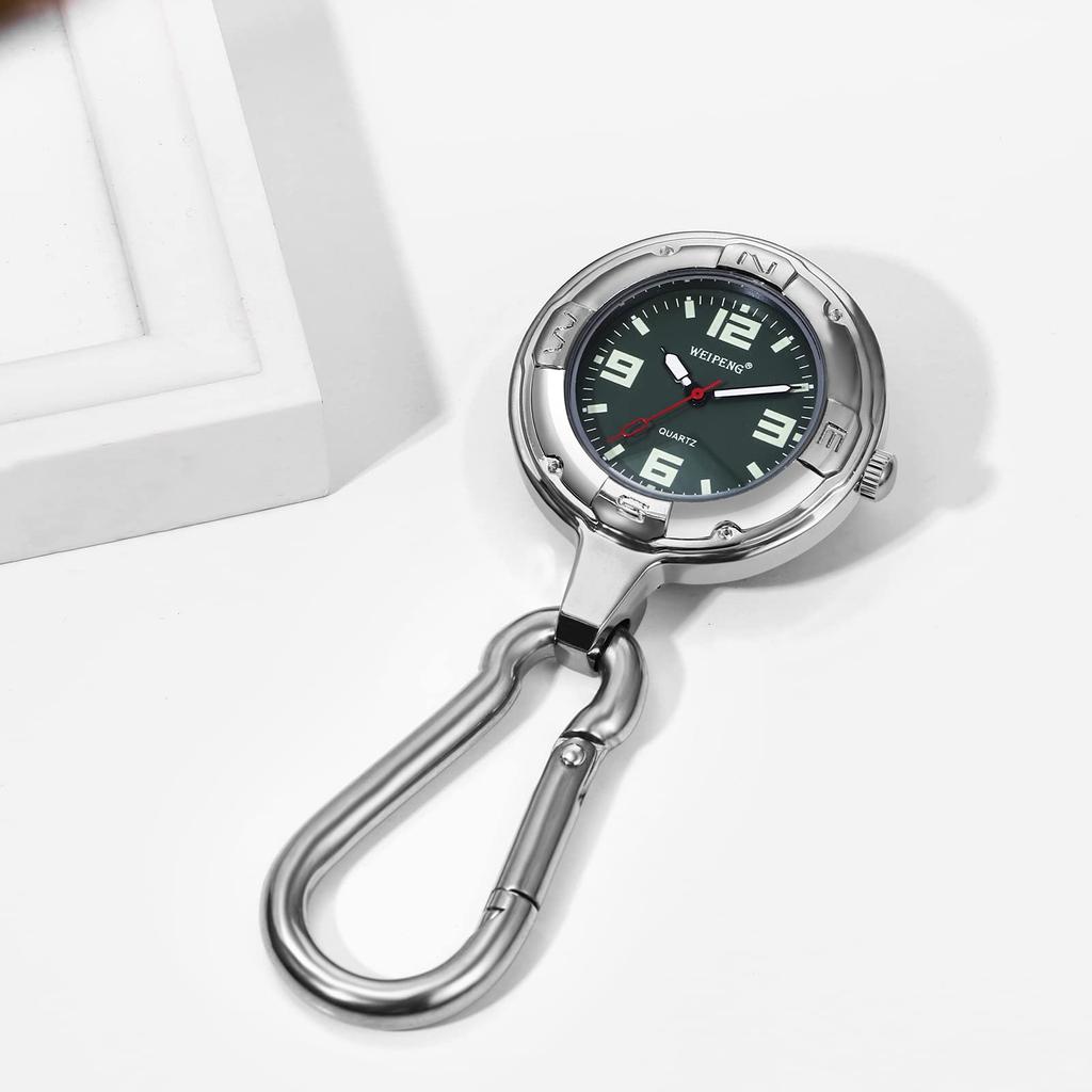 Uhr Schlüsselanhänger Clip Karabiner Uhr Taschenuhr Analog Wasserdicht Klettern Taschenhalter Silber Grün Modisches Accessoire Herrn Damen