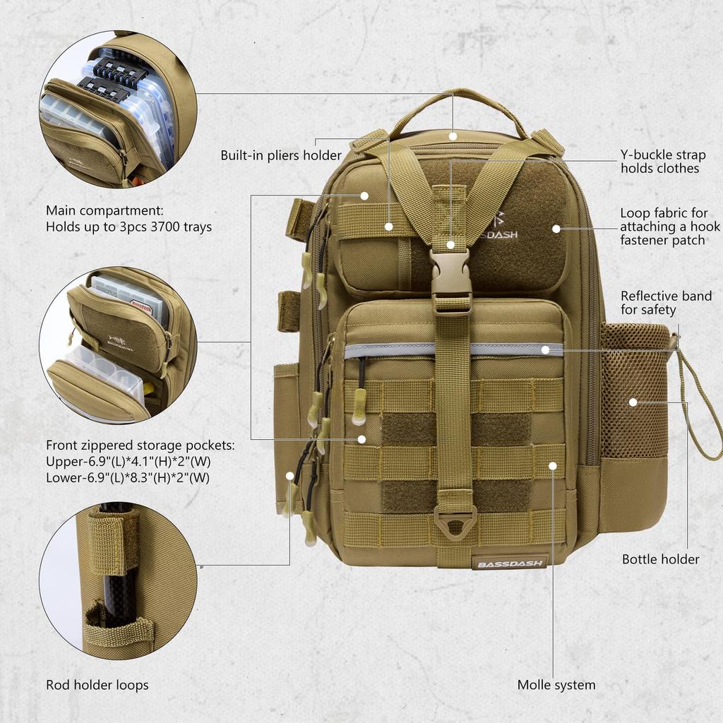 Bassdash FP07 Fishing Tactical Backpack with Rod Holder and Breathable Back MOLLE Expansion 4-Way Bag, Water-Resistant