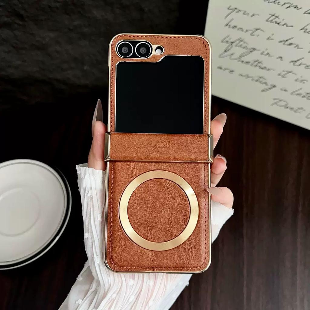 New Electroplated Vintage Magnetic PU Leather Anti-shock Folding Phone Case for Samsung Galaxy Z Flip 7 6 5 4