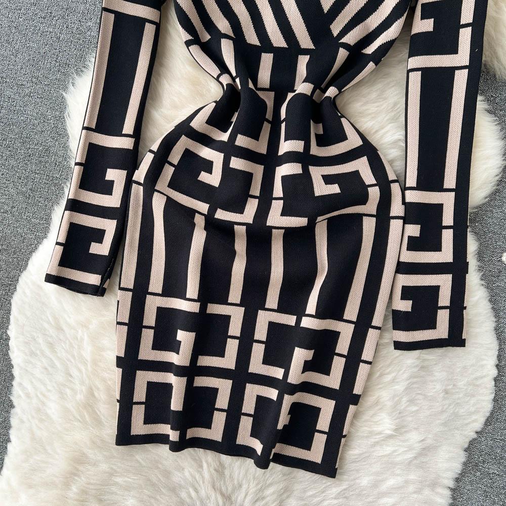 Spring Autumn V-neck Geometry Pattern Knitted Sweater Dresses Women Full Sleeve Mini Slim Bodycon Pencil Dress