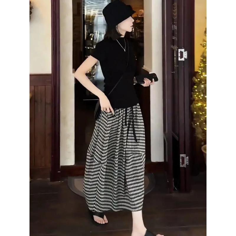 Klassischer Damen Sommer Neuer Elastischer Bund Kordelzug Knospe Temperament Karierter Rock