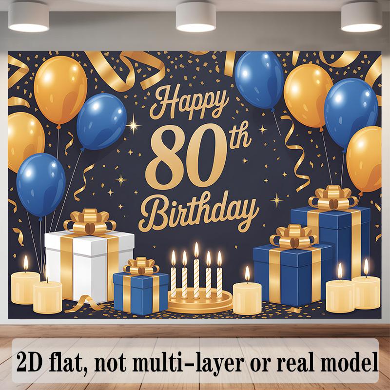 Party Backdrop 80Th Birthday Blue Elegant Flat Banners Golden Balloons Boxes Candles Photo Booth Decor Front Door Decor