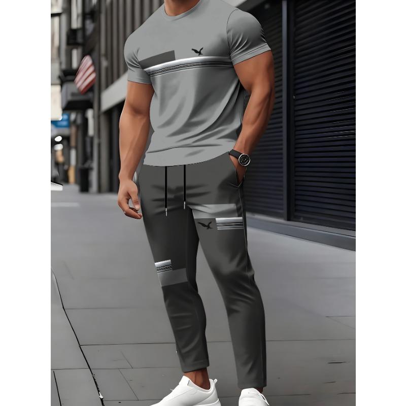 Men's Short Sleeve Round Neck T-Shirt and Pants Set - 3D Print Casual Elegant Design with Slightly Elastic Knit