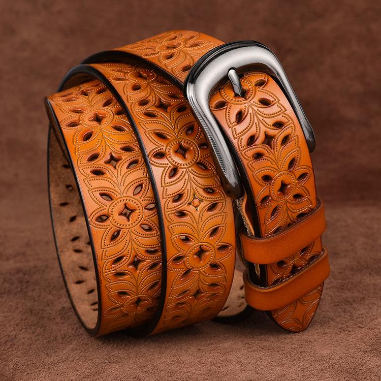 Women'S Hollow Belt Pin Buckle Yellow Cowhide Belt Casual Pinhole Belt