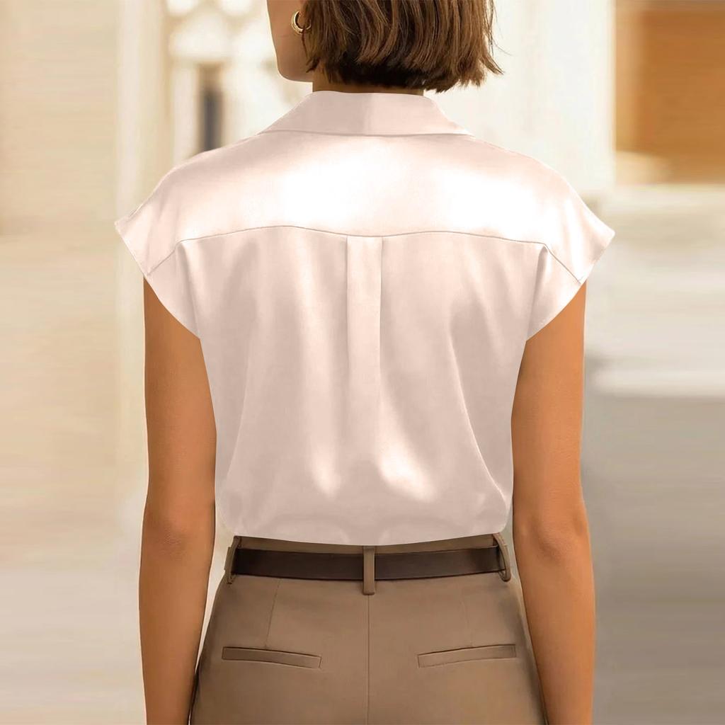 Womens Short Sleeve Button Down Satin Blouse with Lapel Collar and Loose Fit Suitable for Office and Casual Wear