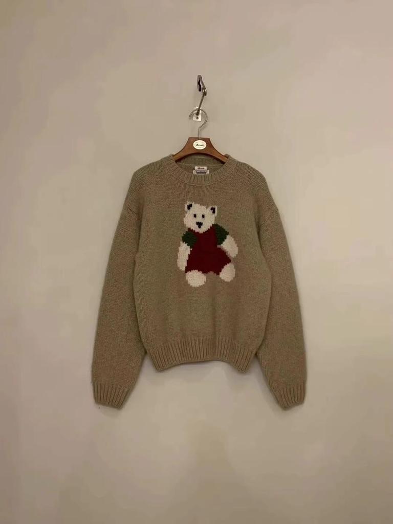 Korean Dongdaemun Cute Bear Pattern Loose Knit Sweater Coat for Women