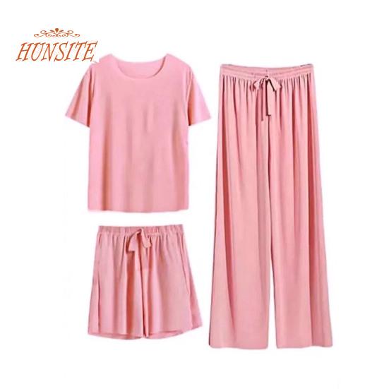 Dámské letní pyžamový set korejský temperament triko s ledovým hedvábným výstřihem do O se stahovací šňůrkou rovné široké nohavice tenké elastické pasové šortky 3ks/sada Domácí oblečení