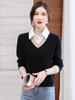 Elegant French-Inspired Faux Twinset Knit Sweater for Women - Chic Long Sleeve Pullover with Collar, Perfect for Fall/Spring
