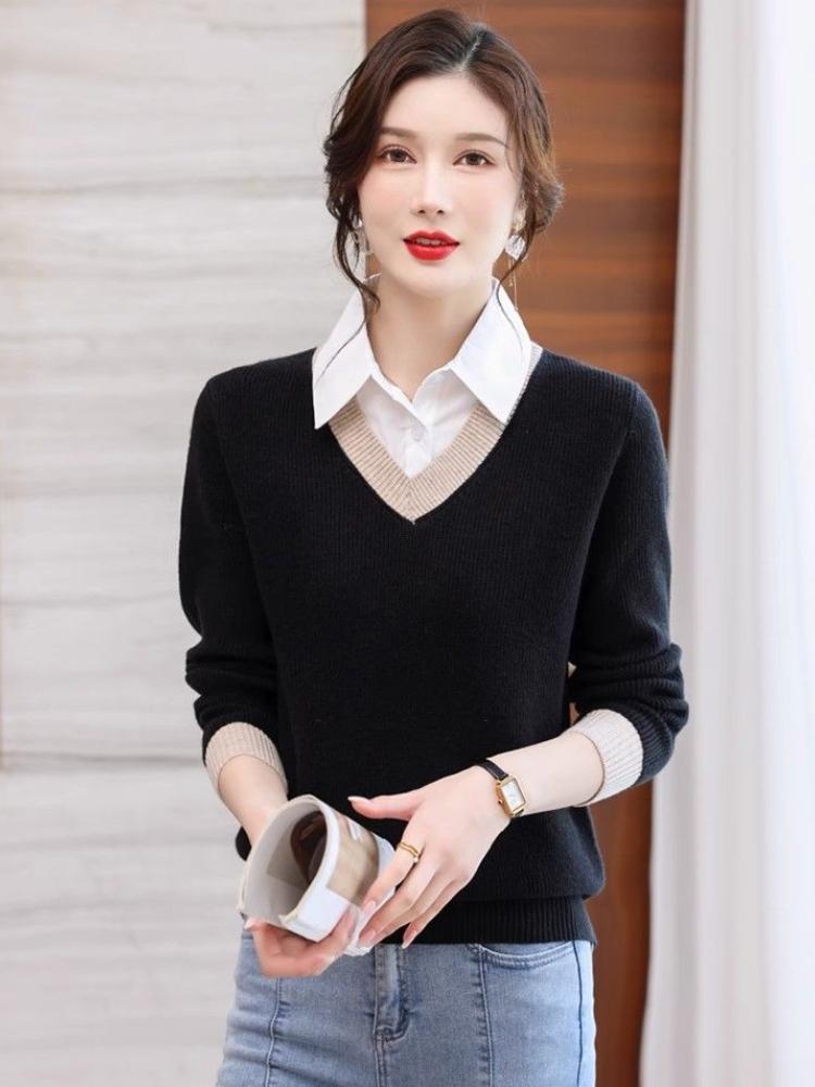 Elegant French-Inspired Faux Twinset Knit Sweater for Women - Chic Long Sleeve Pullover with Collar, Perfect for Fall/Spring
