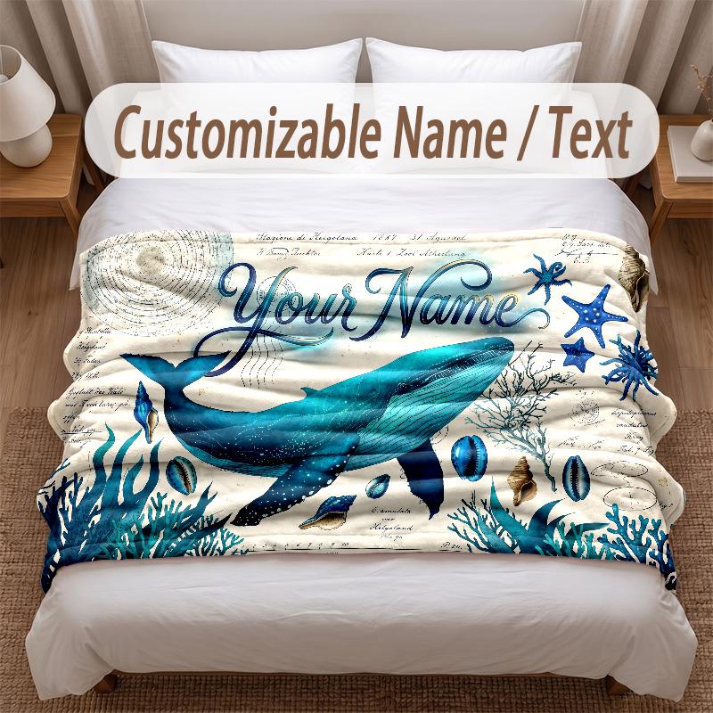 Fish Ocean Theme Soft Blanket Personalized Custom Name Text Print Warm Blanket Home Sofa Bedroom Decor