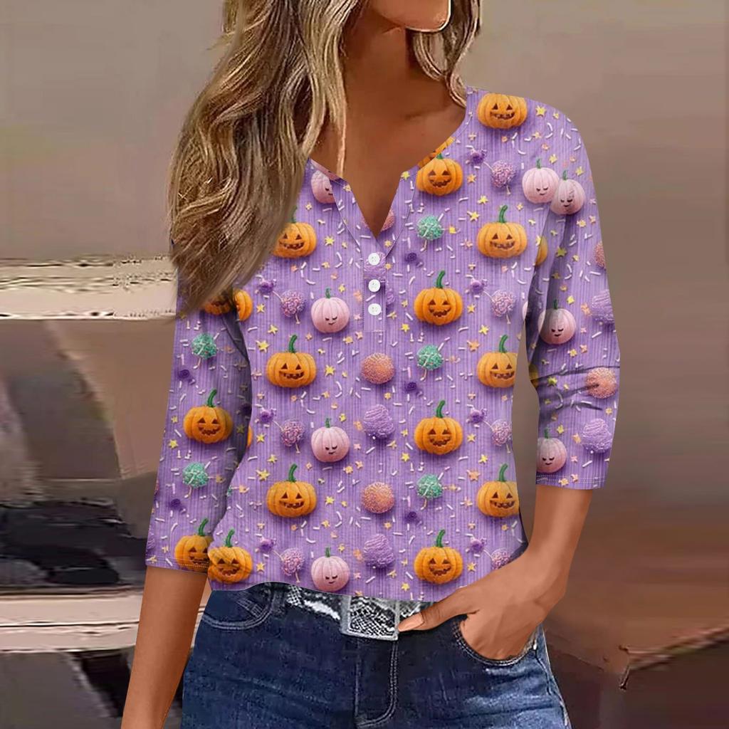 Damen V-Ausschnitt Knopf Halloween Dreiviertelarm T-Shirt Top