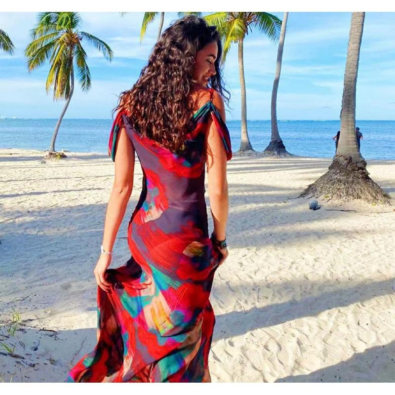 Women's Summer Printed Halter Sleeveless High Waist One Shoulder Long Dresses