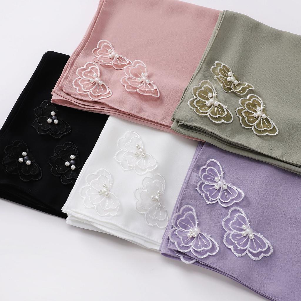 90*90Cm Square Chiffon Hijab Four-Corner Butterfly Bead Pearl Muslim Scarf Scarf Sweet Headscarf Foulard Femme Hijab